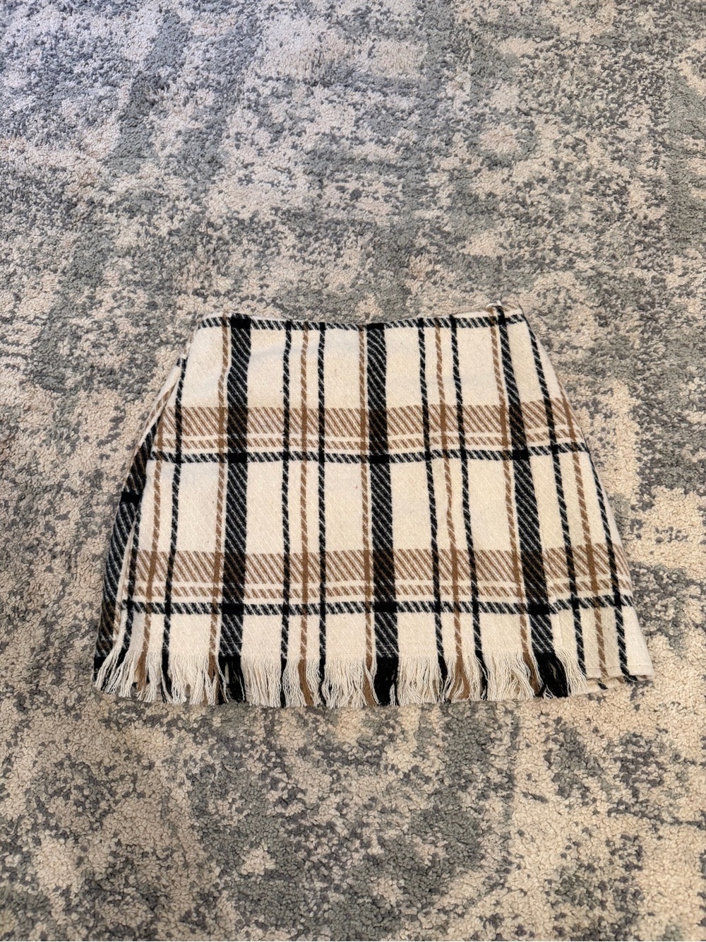 Altar'd State Plaid Fringe Mini Skirt in Cream, Tan and Black